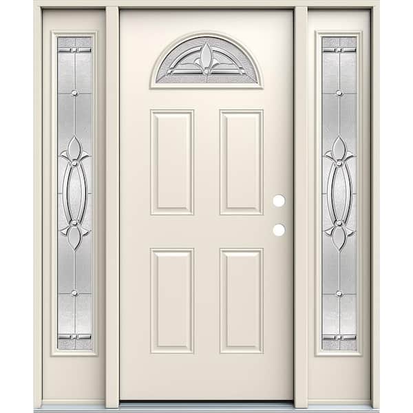 JELD-WEN 36 in. x 80 in. Left Hand Fan Lite Blakely Decorative Glass Primed Steel Prehung Front Door w/Sidelites