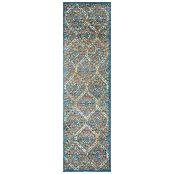SAFAVIEH Madison Blue/Orange 2 ft. x 8 ft. Floral Trellis Medallion Runner Rug