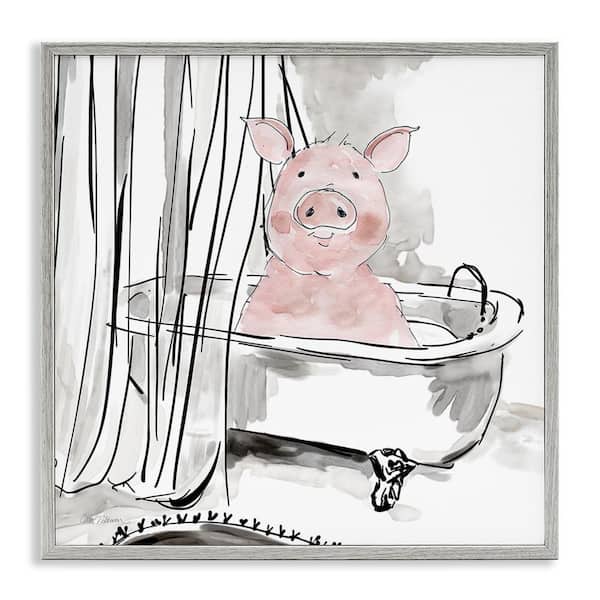 Stupell Industries Minimal Bathtub Piggy by Carol Robinson Gray Framed Animal Giclee Art Print 12 in. x 12 in.