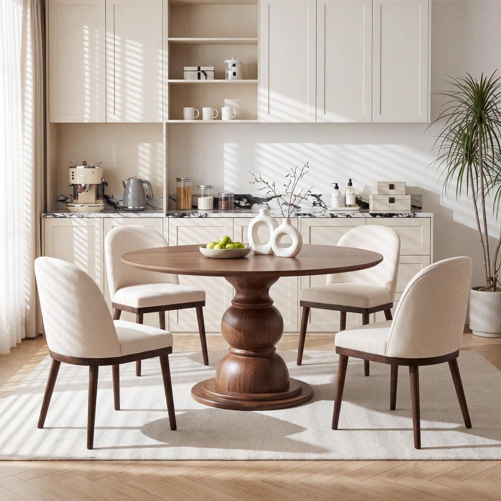 Modern Curved Back Beige Fabric Upholstered Side Dining Chair with Solid Wood Legs (Set of 4)