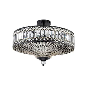 19.6 in. 6-Light Black Drum Semi-Flush Mount Ceiling Light with Crystal Accents