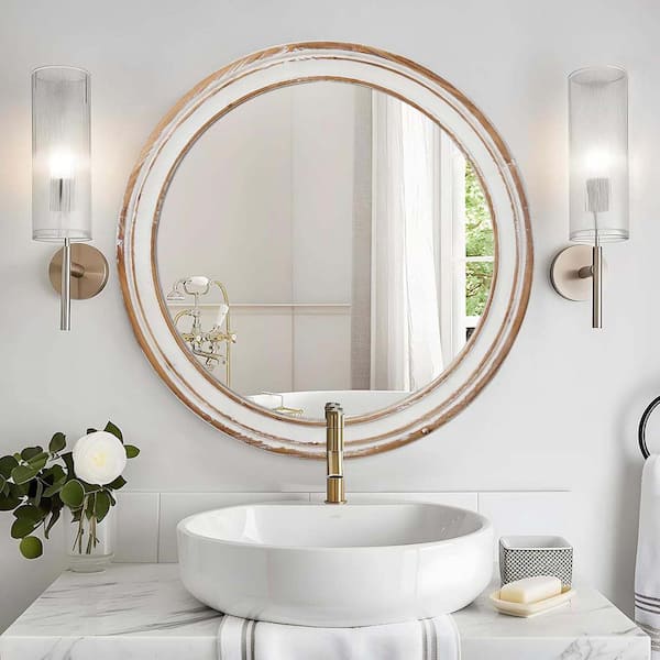 Unbranded 23.62 in. W x 23.62 in. H Round Framed Wall Mirror Farmhouse Vanity Mirror Whitewash Edge Decorative Mirror