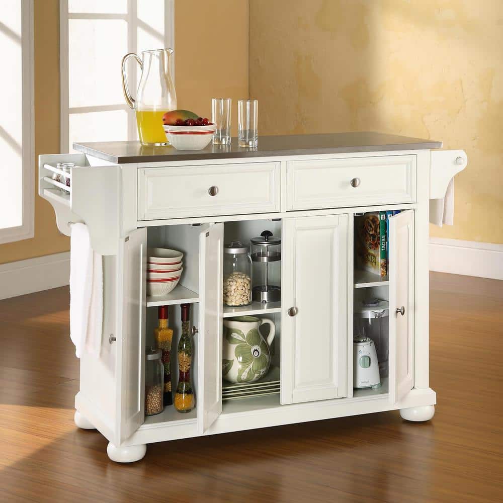 White and Silver Stainless Steel Top Kitchen Island