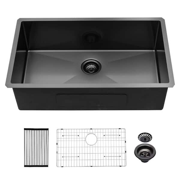 RAINLEX 32 in. L x 19 in. W Undermount Single Bowl 16-Gauge Stainless Steel Kitchen Sink in Gunmetal Black