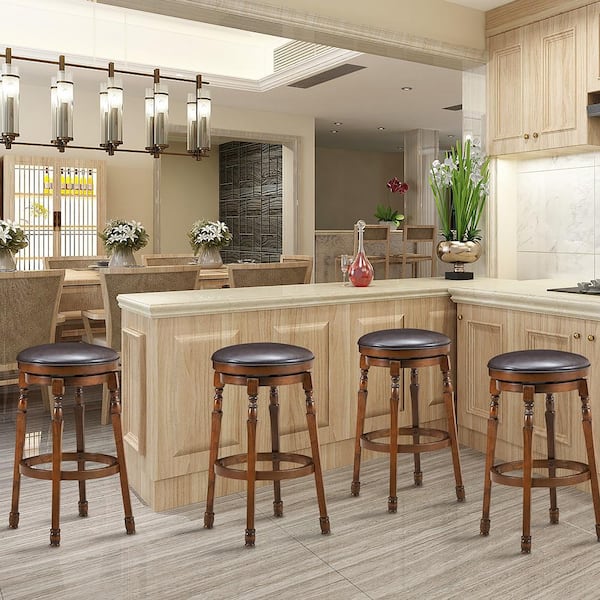 29 in. Walnut Wood Swivel Bar Stool Faux Leather Padded Dining Kitchen Pub Chair(Set of 4)