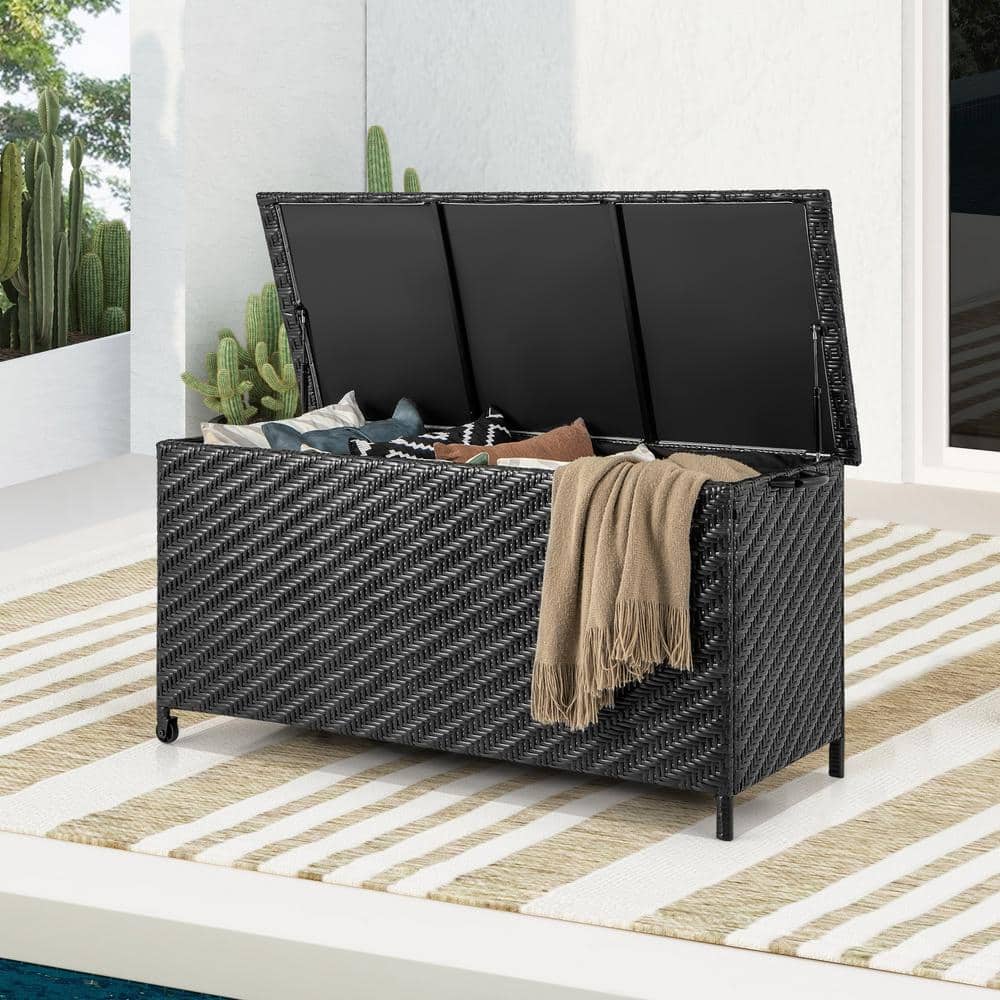 Black Wicker Outdoor Deck Storage Box with Wheels