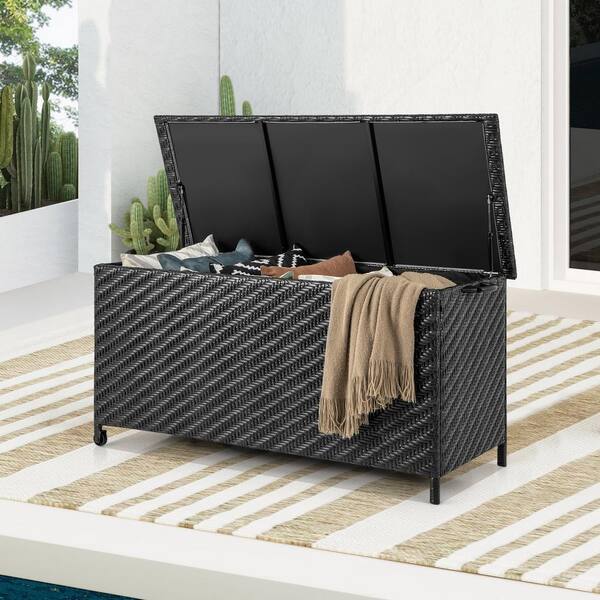 WELLFOR 85 gal. PE Rattan Outdoor Deck Box with Wheels, Black