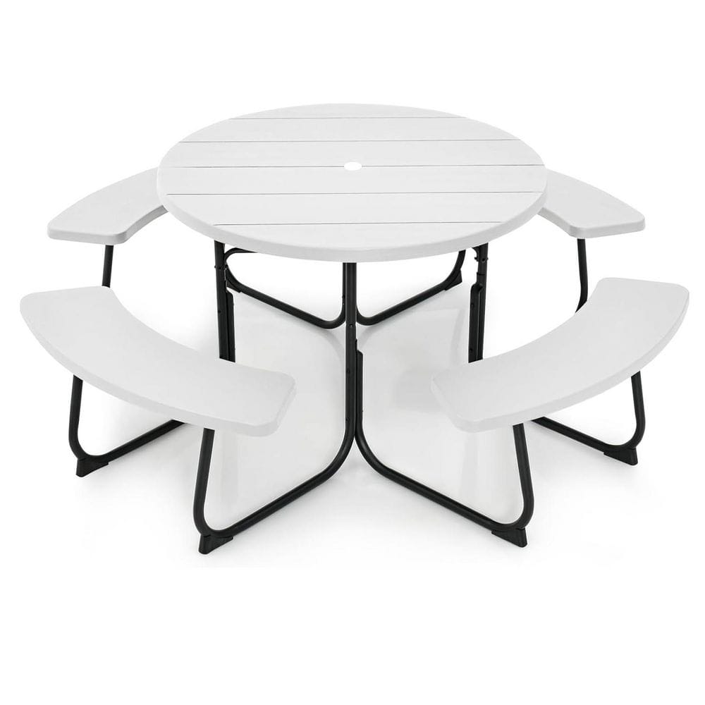 8 Person Outdoor Round Picnic Table Metal Frame HDPE Tabletop with 4 Built-in Benches Umbrella Hole White price history on PriceWatchPro