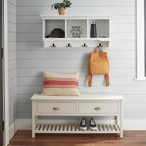 16.14 in. H x 36 in. W x 11 in. D White Wood Floating Decorative Cubby Wall Shelf with Hooks