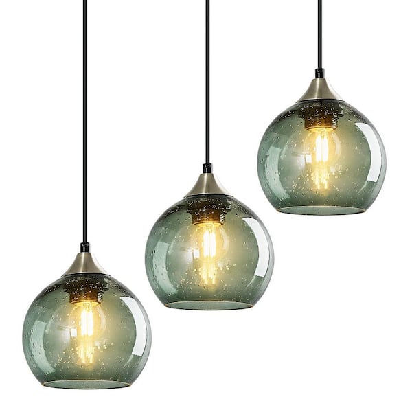 Home Lighting 5.9 in. 60 Watt 1 Light Modern Gray Green Glass Globe Pendant Light Fixtures for Kitchen Island, 3-Pack