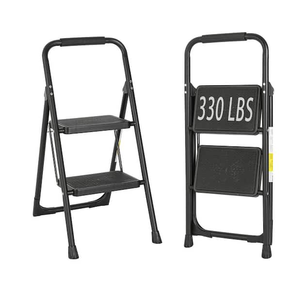 2.5 ft. Reach, 2-Step Iron Ladder, Black Foldable Non-slip Outdoor Ladder 330 lbs. Load Capacity for Home, Office