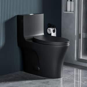 28.7 in. H One-Piece 1.1/1.6 GPF Dual Flush Elongated Ceramic Toilet in Black with Soft Close Seat