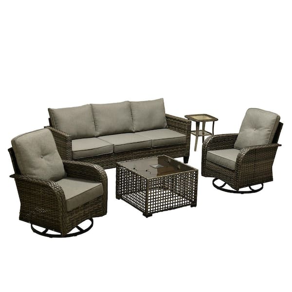 Daphne 5-Piece Wicker Patio Conversation Sofa Seating Set with Swivel Rocking Chairs and Dark Gray Cushions