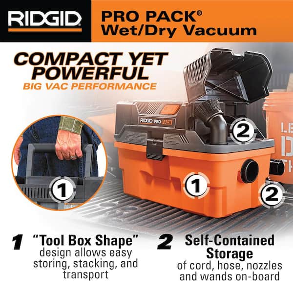 RIDGID - 4.5 Gallon 5.0 Peak HP ProPack Shop Vacuum Wet Dry Vac with Fine Dust Filter, Expandable Locking Hose and Accessories