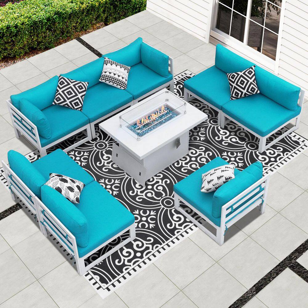 Extra Large White 9-Piece Aluminum Patio Fire Pit Conversation Set Deep Sea