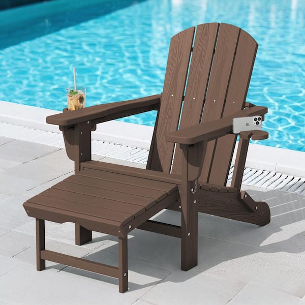 JEAREY 3-Level Adjustable Patio Folding Plastic Adirondack Chair with Retractable Ottoman, Cup and Phone Holders in Coffee