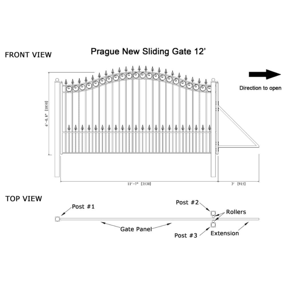 Prague Style Black Steel Arched Sliding Driveway Gate with Security Kit