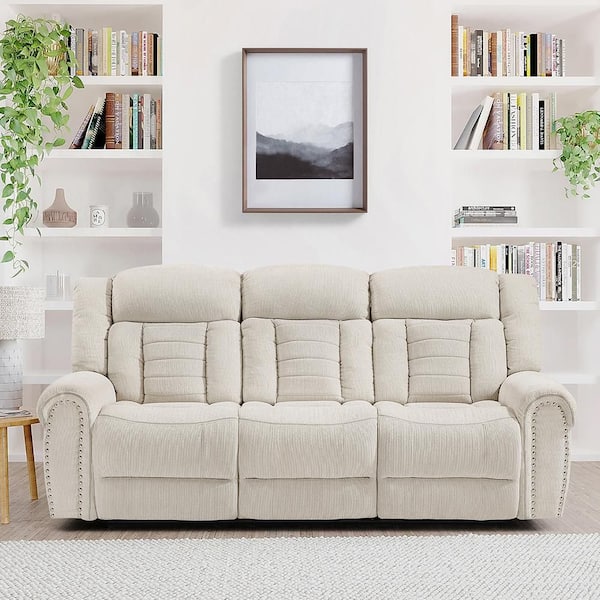 Casoria 88 in W Rolled Arm Chenille Fabric Rectangle Manual Double Reclining Sofa in Beige