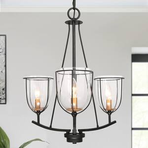 Modern Industrial Black Island Chandelier, 3-Light Farmhouse Gold Candlestick Chandelier Light with Clear Glass Shade