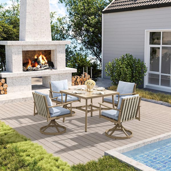 Sunset Retreat 5-Piece Aluminum Outdoor Dining Set with Swivel Chairs and Blue Cushions
