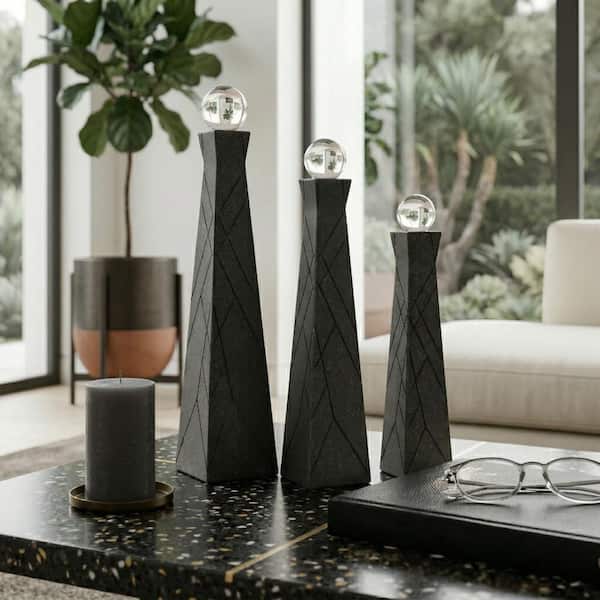 Black 3 in. x 14 in., 3 in. x 12 in. and 2 in. x 10 in. Resin Decorative Bottle Statue with Glass Orbs (Set of 3)