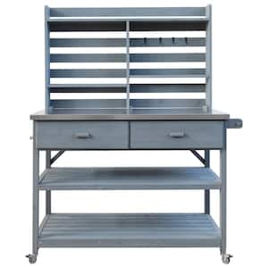 52 in. W x 64.90 in. H Gray Potting Bench Table with Wheels, Upper Hutch, Stainless Steel Top, Towel Rack and Storage