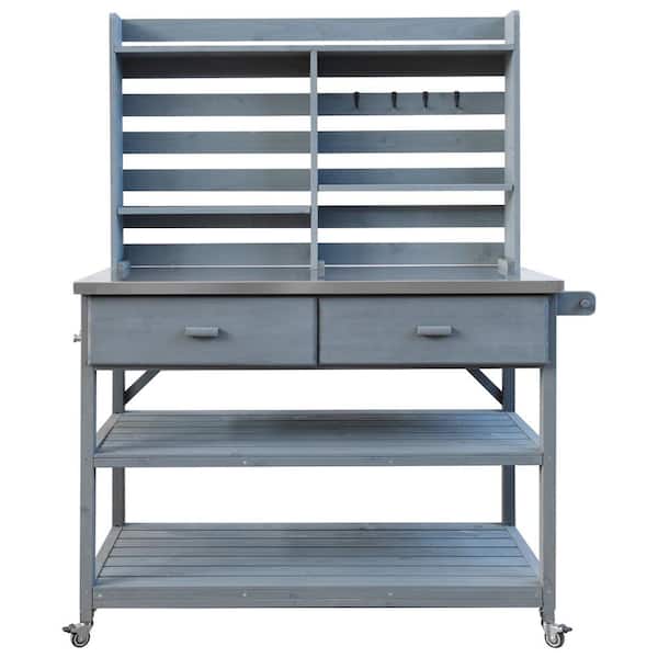Oyezvary 52 in. W x 64.90 in. H Gray Potting Bench Table with Wheels, Upper Hutch, Stainless Steel Top, Towel Rack and Storage