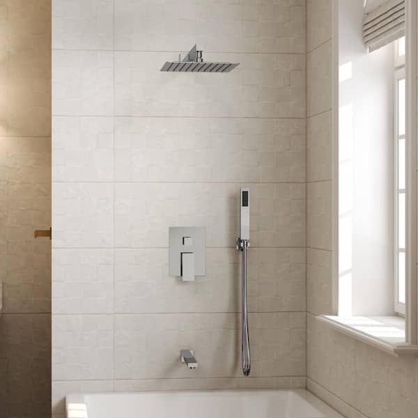 Pressure Balance Single Handle 3-Spray Wall Mount 10 in. Tub and Shower Faucet 2.5 GPM in Polished Chrome Valve Included