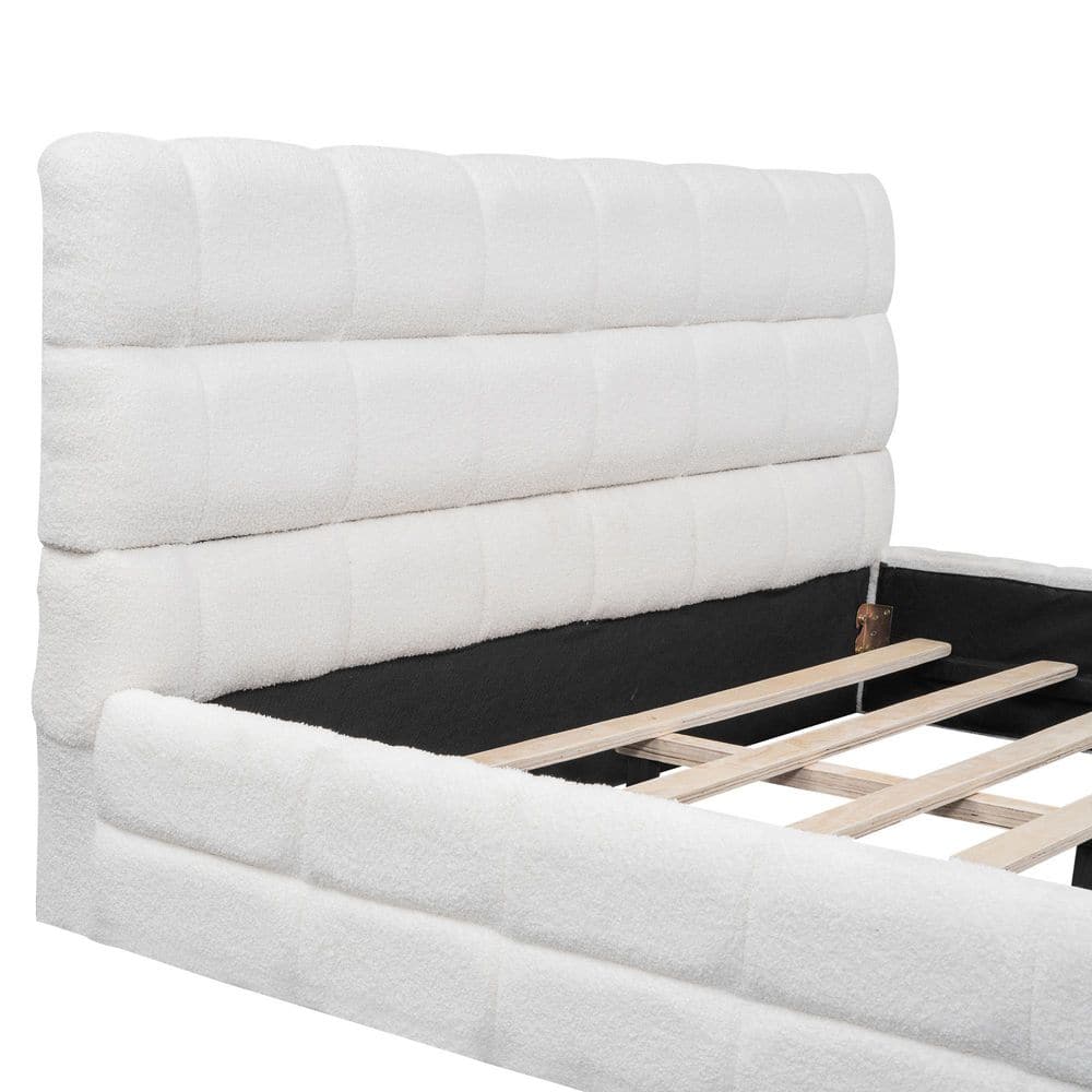 Black Wood Frame Queen Size Berber Fleece Fabric Upholstered Platform Bed, Grounded Bed - thumbnail 7