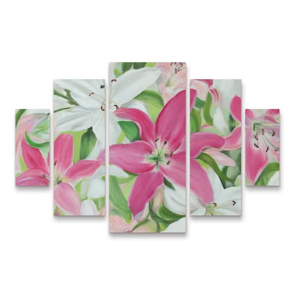 Trademark Fine Art Sandra Lafrate Pink and White Lilies III 5-Piece Panel Set Unframed Photography Wall Art 40 in. x 58 in.