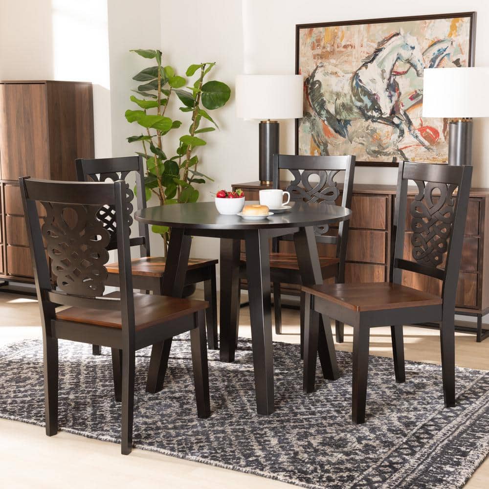Elegant Two-Tone Dark and Walnut Brown Wood 5-Piece Dining Set