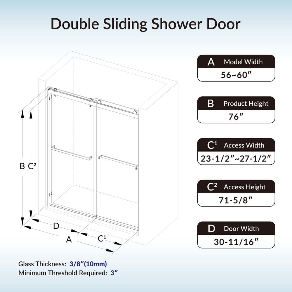 60" x 76" Frameless Sliding Shower Door with Chrome Finish