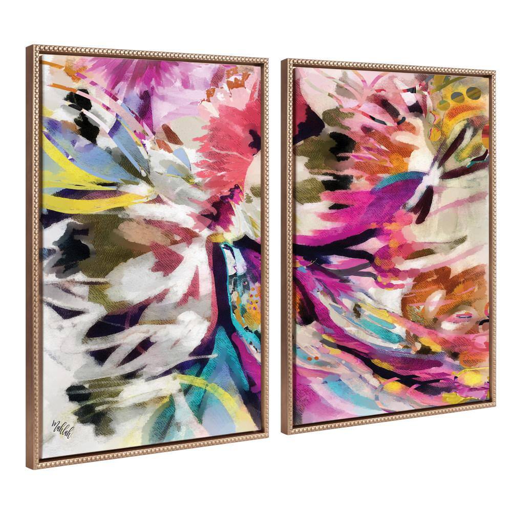 Colorful Abstract Floral Canvas Art Set with Gold Beaded Frame