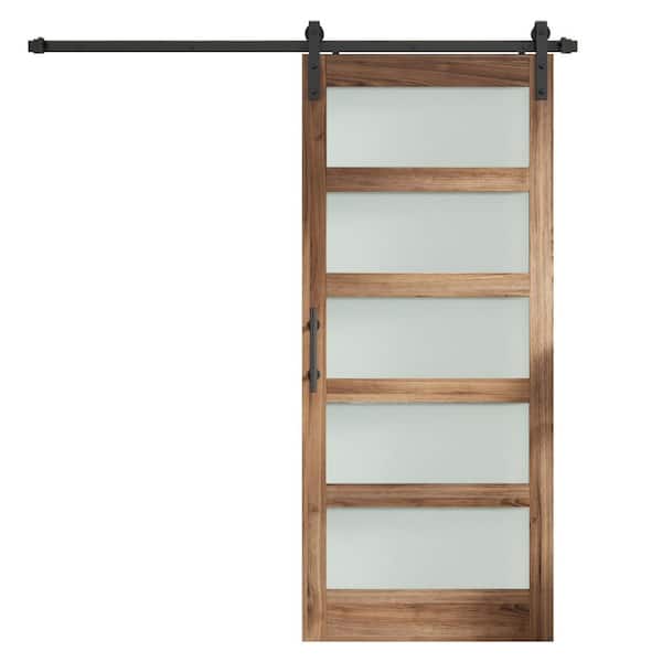 32 in. x 80 in. 5-Lite Frosted Glass Brown Solid Core MDF Wood Assembly Required Sliding Barn Door with Hardware Kit