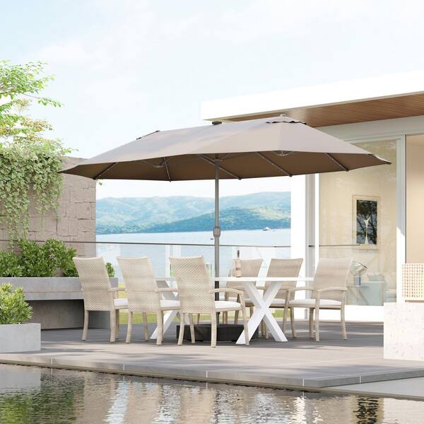 15 ft. Steel Market Solar Patio Umbrella in Tan with LED Lights and Base Stand