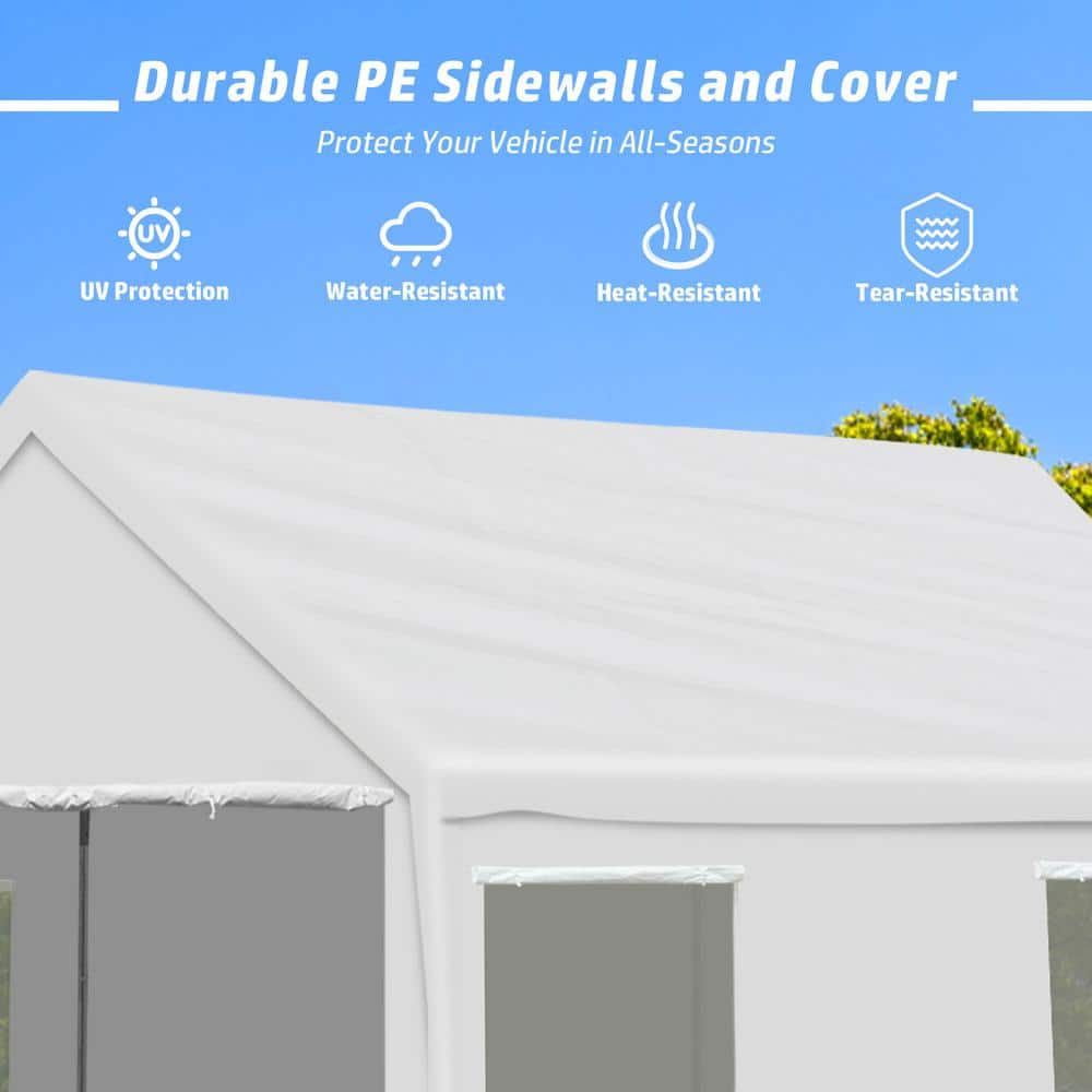 White 10' x 20' Portable Metal Frame Carport with Windows