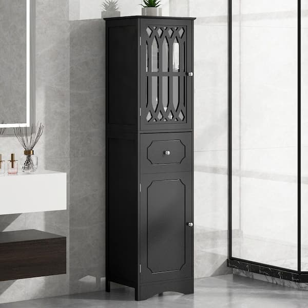17 in. W x 14 in. D x 64 in. H Black MDF Linen Cabinet w/Drawer and Door in Black