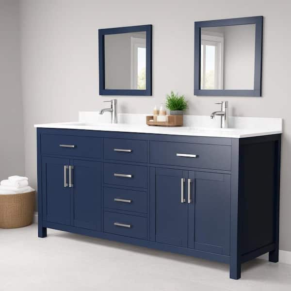 Wyndham Collection Beckett 72 in. W x 22 in. D x 35 in. H Double Sink Bathroom Vanity in Dark Blue with Carrara Cultured Marble Top
