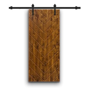 Herringbone 36 in. x 84 in. Fully Assembled Walnut Stained Wood Modern Sliding Barn Door with Hardware Kit