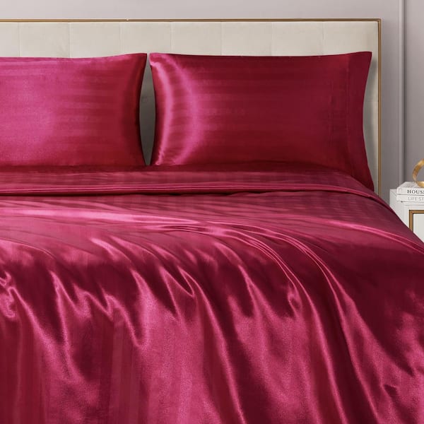 JUICY COUTURE Silky Satin Damask 4-Piece Hot Pink Striped Polyester Twin XL Soft Sheet Set