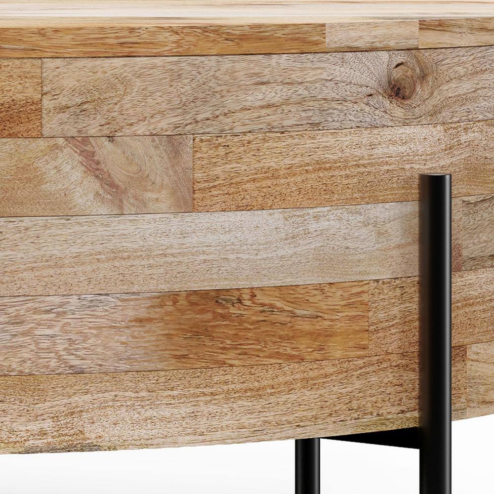 Natural Mango Wood and Black Metal Round Drum Coffee Table