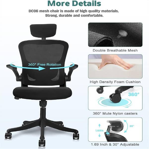 Hoffree Black Upholstered Mesh Ergonomic Home Task/Office Chair with Adjustable Height/Headrest and Armrest with Lumbar Support