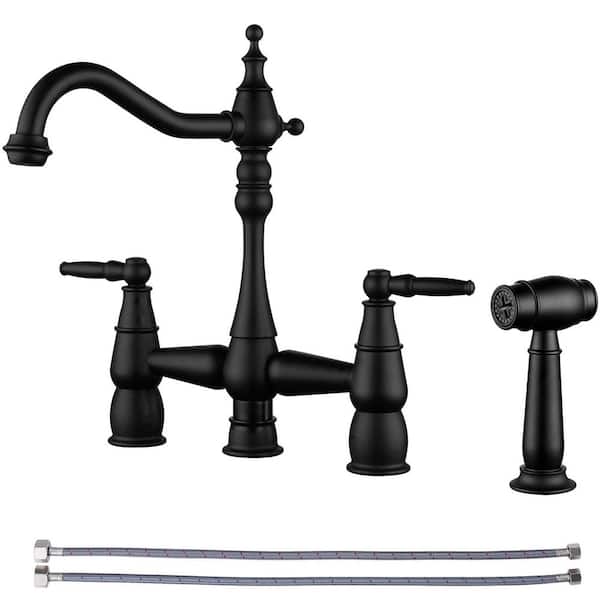 AVITAS Brass Double Handle Bridge Kitchen Faucet with Side Sprayer in Matte Black