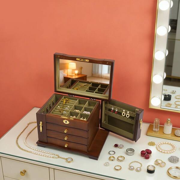 YIYIBYUS 4-Drawer Wooden Jewelry Box with Mirror and Lock OT-ZJGJ