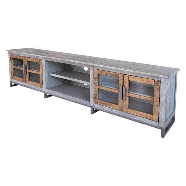 Benjara 93 in. Gray and Brown Wood TV Stand Fits TVs up to 88 in. with 4 Glass Doors