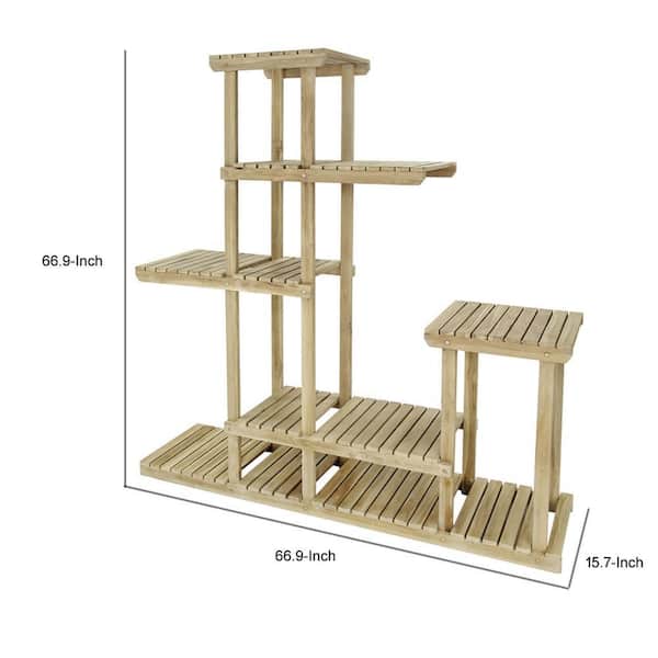 Benjara 66.9 in. Teak Wood Rectangular Wood Plant Stand with Multi