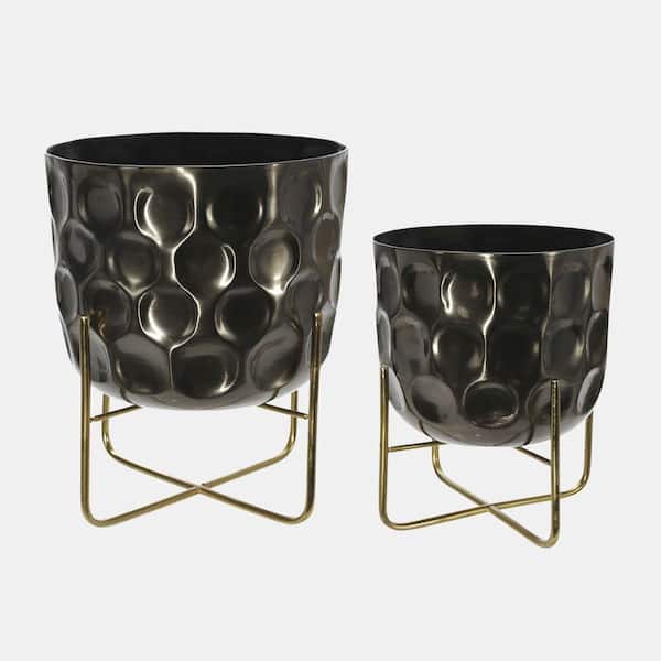 Benjara Metal Planter 12 in. L x 12 in. W x 15 in. H Silver with Hammered Details and X shape Base (Seat of 2)