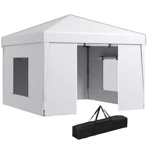 9.7 ft. x 9.7 ft. White Pop Up Canopy with Sidewalls, Carry Bag, 2 Mesh Windows and Reflective Strips