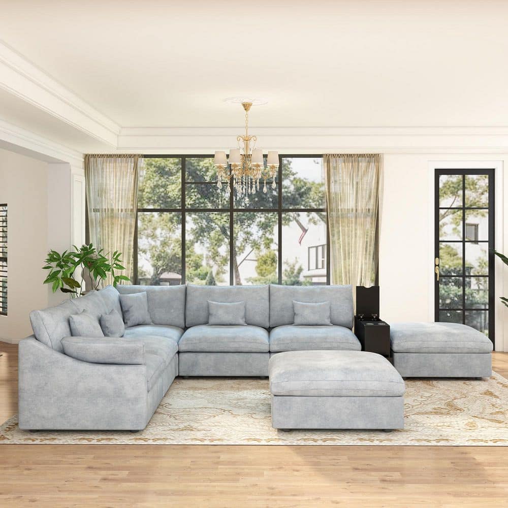 155.9 in. Slope Arm 8-piece Linen Deep Seat Modular Free Combination Sectional Sofa with Removable Covers in Gray