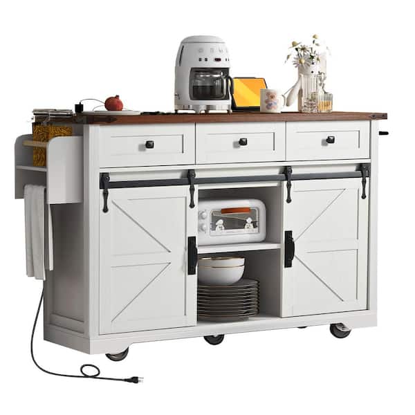 53.7 in. White Particle Board Rolling Kitchen Prep Table with Electrical Outlet, Towel Rack, 3-Drawers and 2 Barn Doors